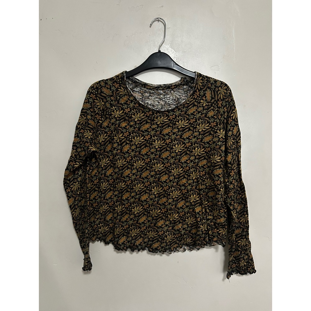 Natural Life Women M Floral Long Sleeve Lettuce Edge Tee Black Gold Boho Top